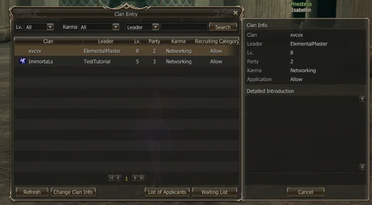 In-game clan recruitment board