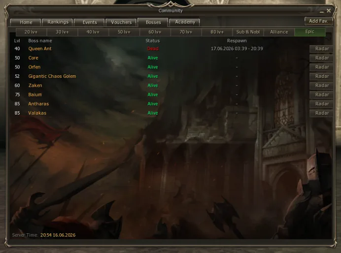 In-game live epic boss tracker