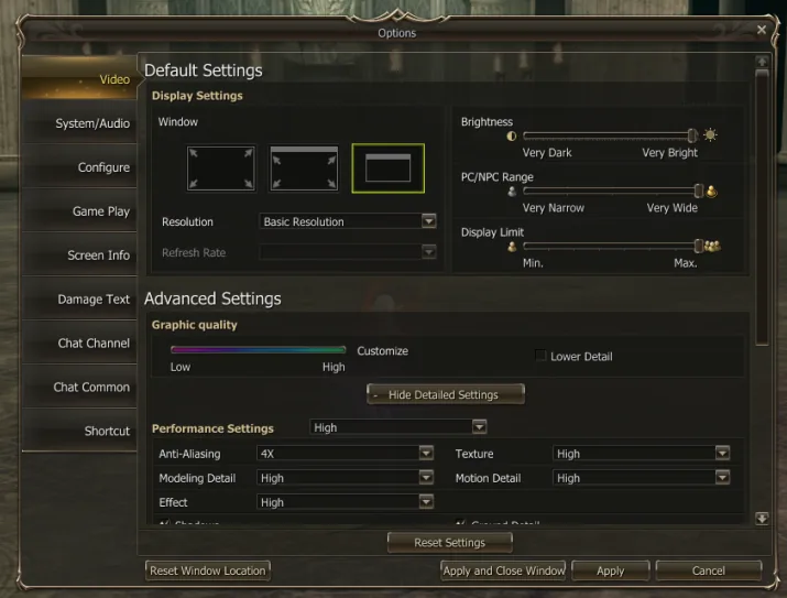 In-game client graphics options