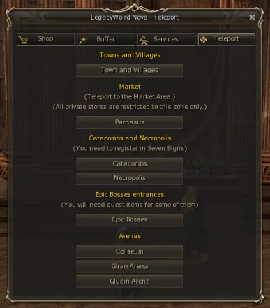 In-game teleport NPC menu