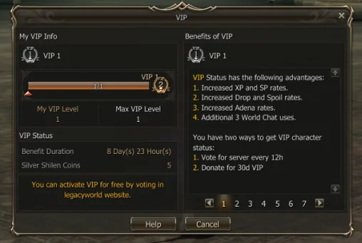 In-game VIP window